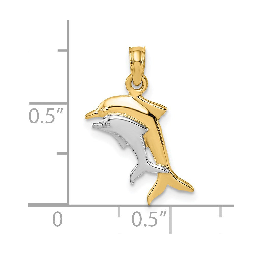 14K Yellow & Rhodium W/ 2-D Polished Dolphins Charm