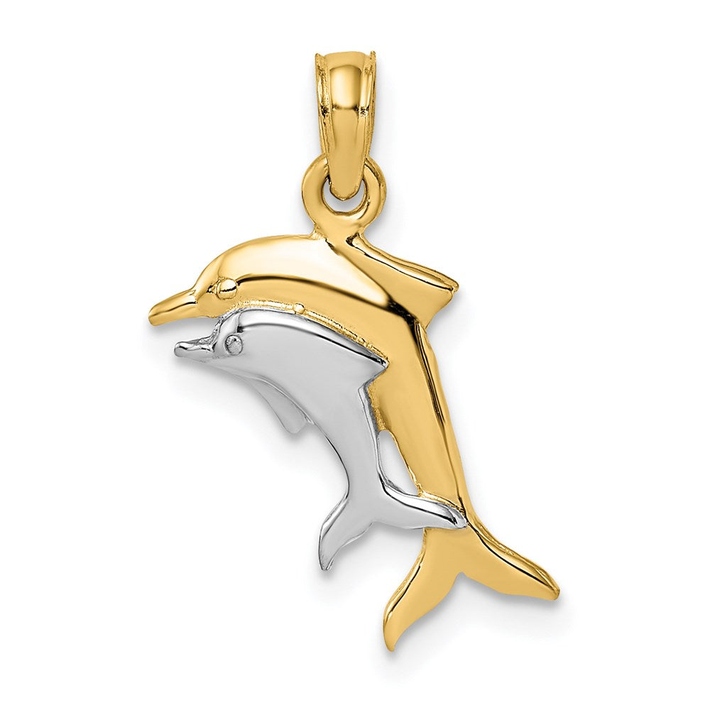 14K Yellow & Rhodium W/ 2-D Polished Dolphins Charm