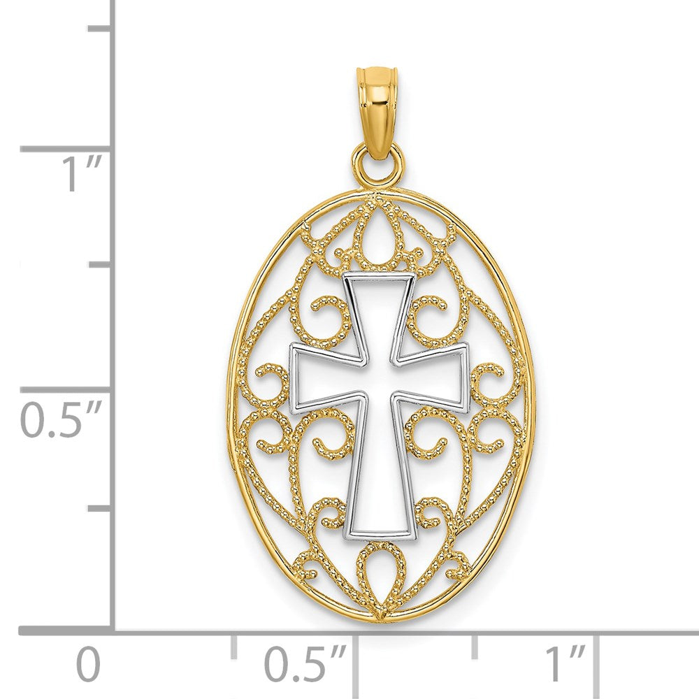 14K Yellow & Rhodium W/Rhodium Beaded Filigree Cross Charm
