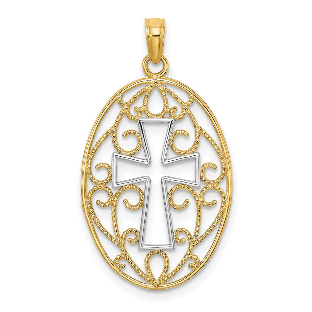 14K Yellow & Rhodium W/Rhodium Beaded Filigree Cross Charm