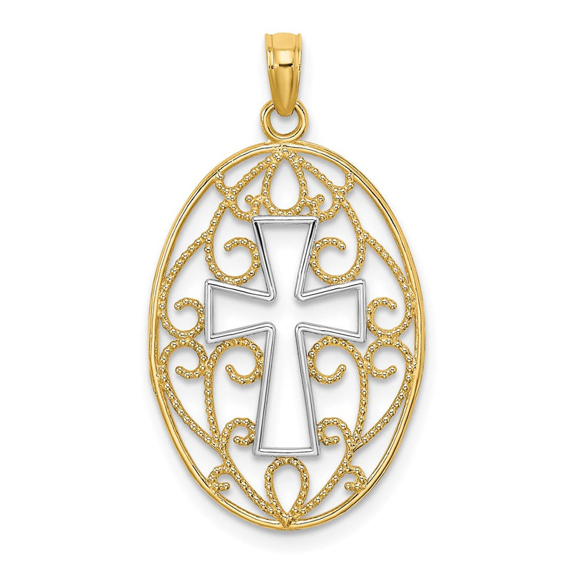 14K Yellow & Rhodium W/Rhodium Beaded Filigree Cross Charm