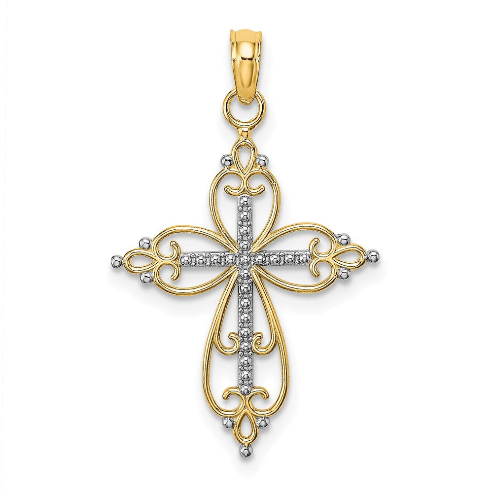 14K Yellow & Rhodium W/ Beaded Cross Charm
