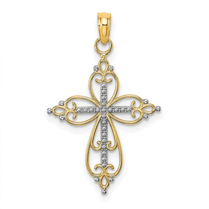 14K Yellow & Rhodium W/ Beaded Cross Charm