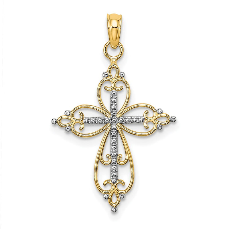 14K Yellow & Rhodium W/ Beaded Cross Charm