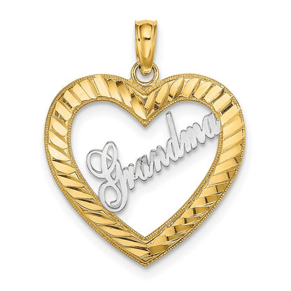 14K Yellow & Rhodium W/ White Diamond-Cut Heart Grandma Charm