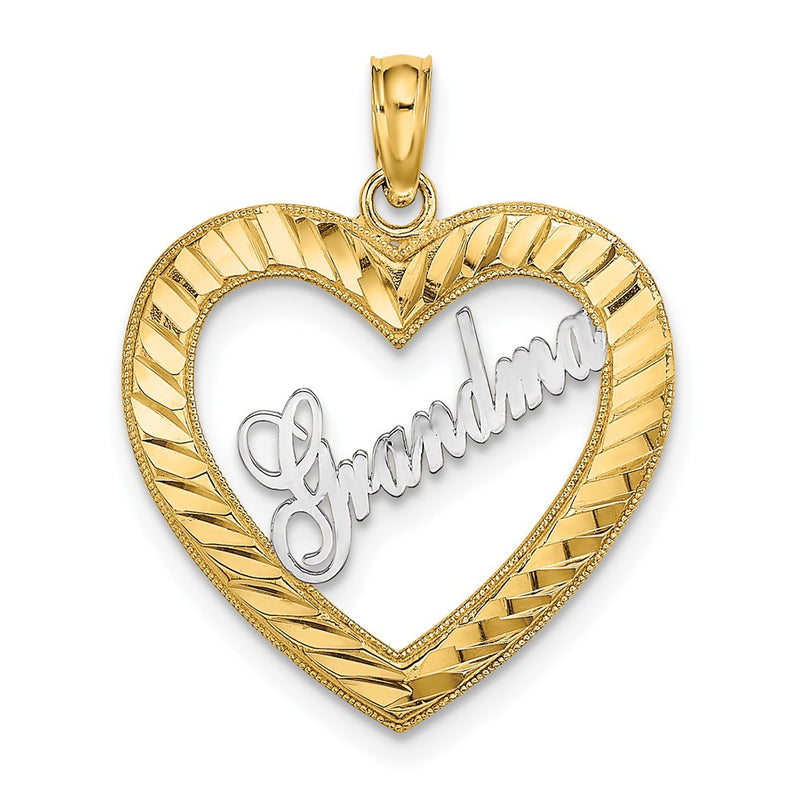 14K Yellow & Rhodium W/ White Diamond-Cut Heart Grandma Charm