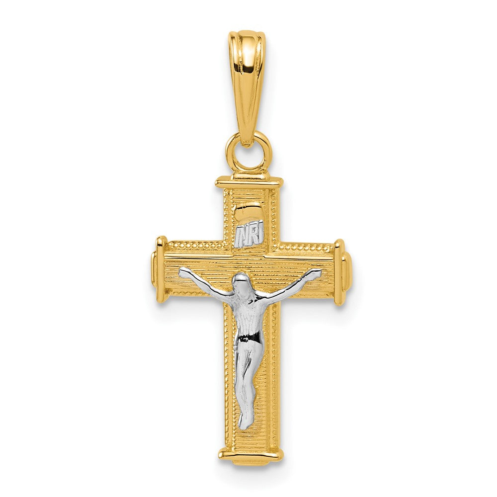 14K Yellow & Rhodium W/ Polished Block Inri Crucifix Charm