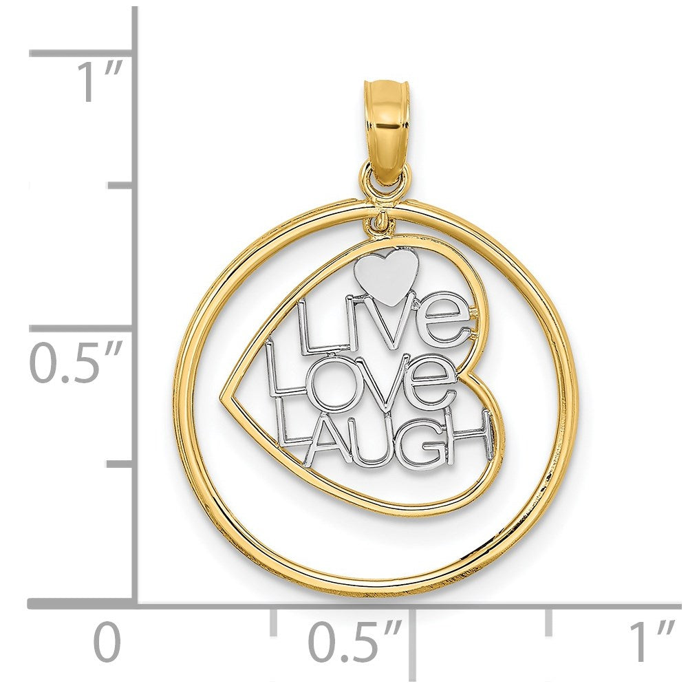 14K Yellow & Rhodium W/Rhodium Live Love Laugh Heart Dangling In Circle Charm