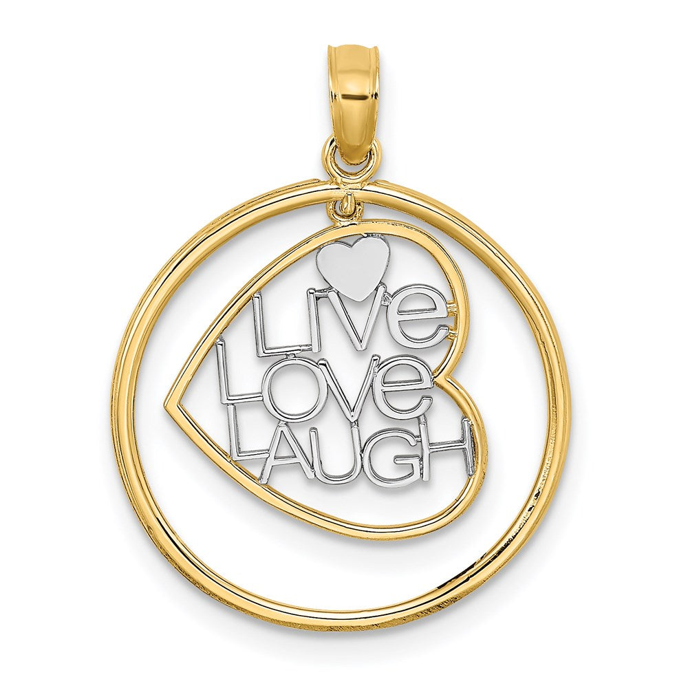 14K Yellow & Rhodium W/Rhodium Live Love Laugh Heart Dangling In Circle Charm