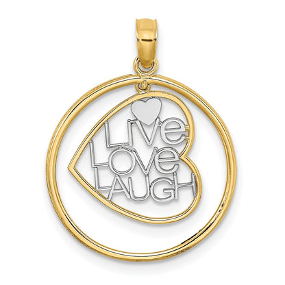 14K Yellow & Rhodium W/Rhodium Live Love Laugh Heart Dangling In Circle Charm