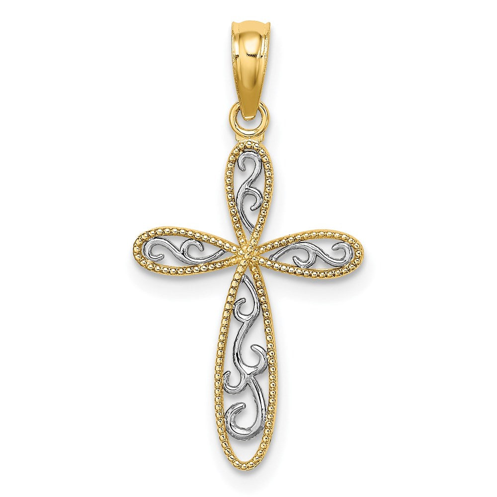 14K Yellow & Rhodium W/ Filigree And Milgrain Cross Charm