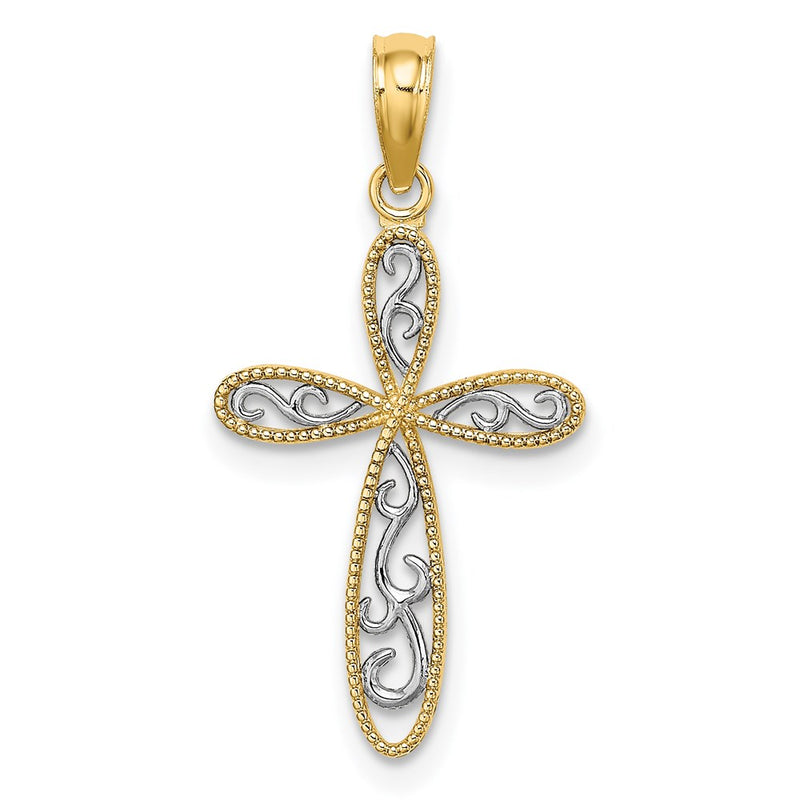 14K Yellow & Rhodium W/ Filigree And Milgrain Cross Charm