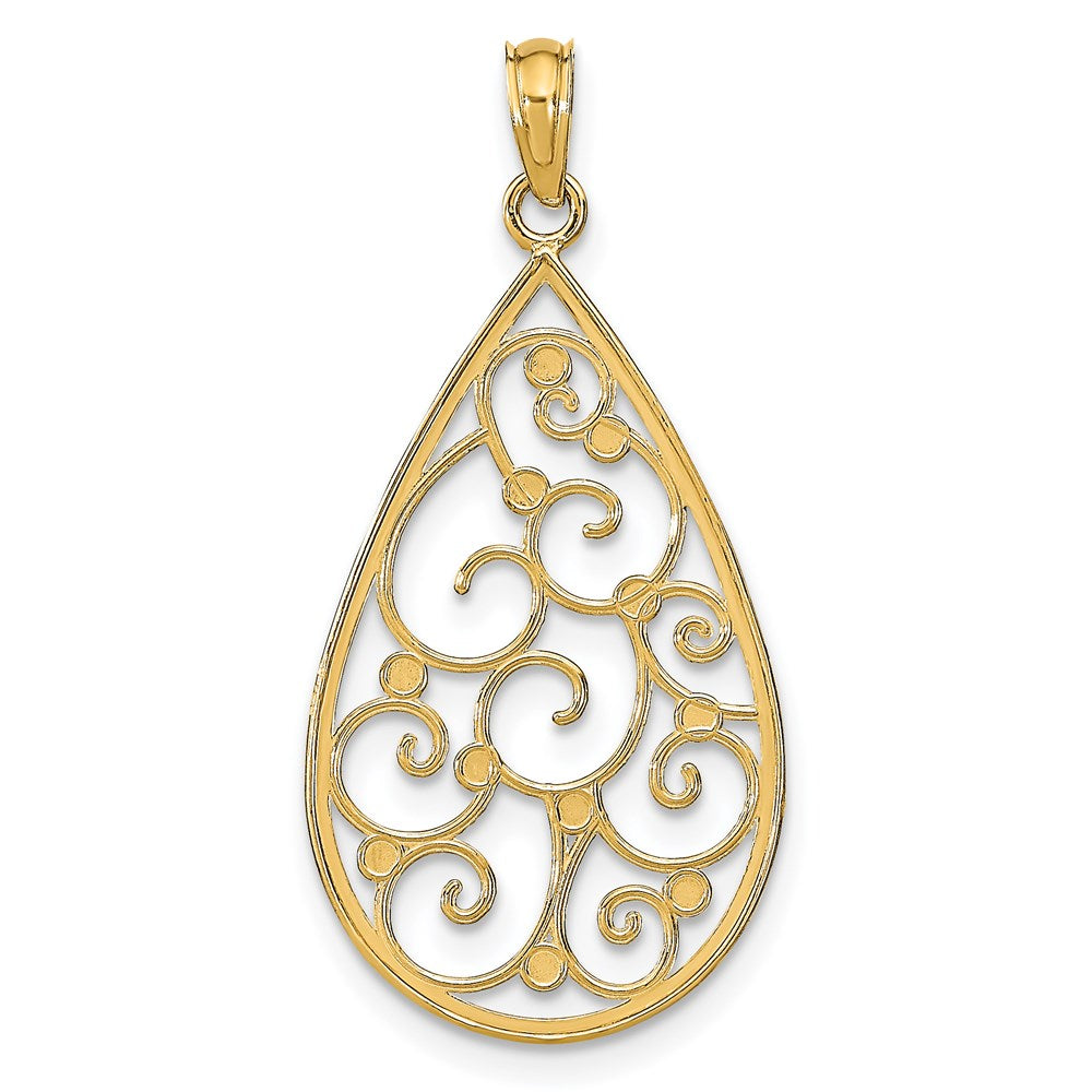 14K Yellow & Rhodium W/Rhodium Beaded Filigree D/C Teardrop Charm