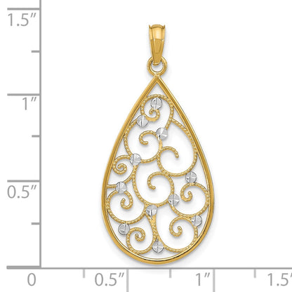 14K Yellow & Rhodium W/Rhodium Beaded Filigree D/C Teardrop Charm