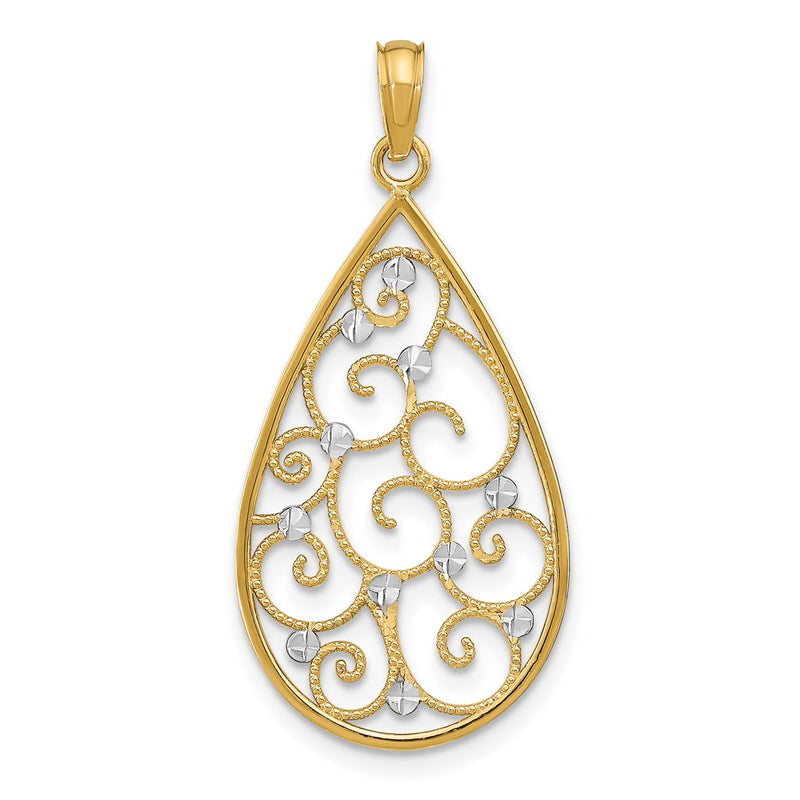14K Yellow & Rhodium W/Rhodium Beaded Filigree D/C Teardrop Charm