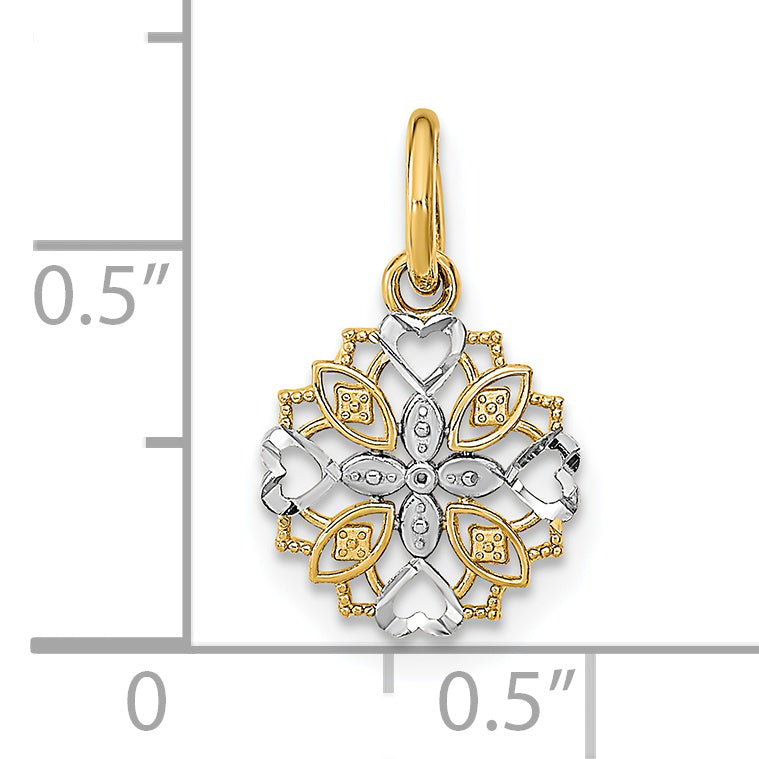 14K Yellow & Rhodium W/Rhodium Cut-Out Heart Edge Flower Charm