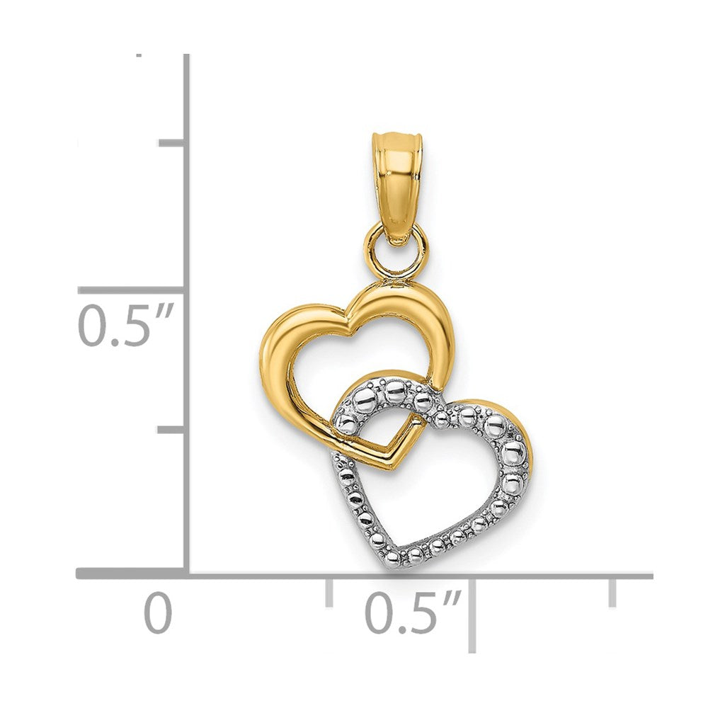 14K Yellow & Rhodium W/ Polished And Textured Intertwined Hearts Charm