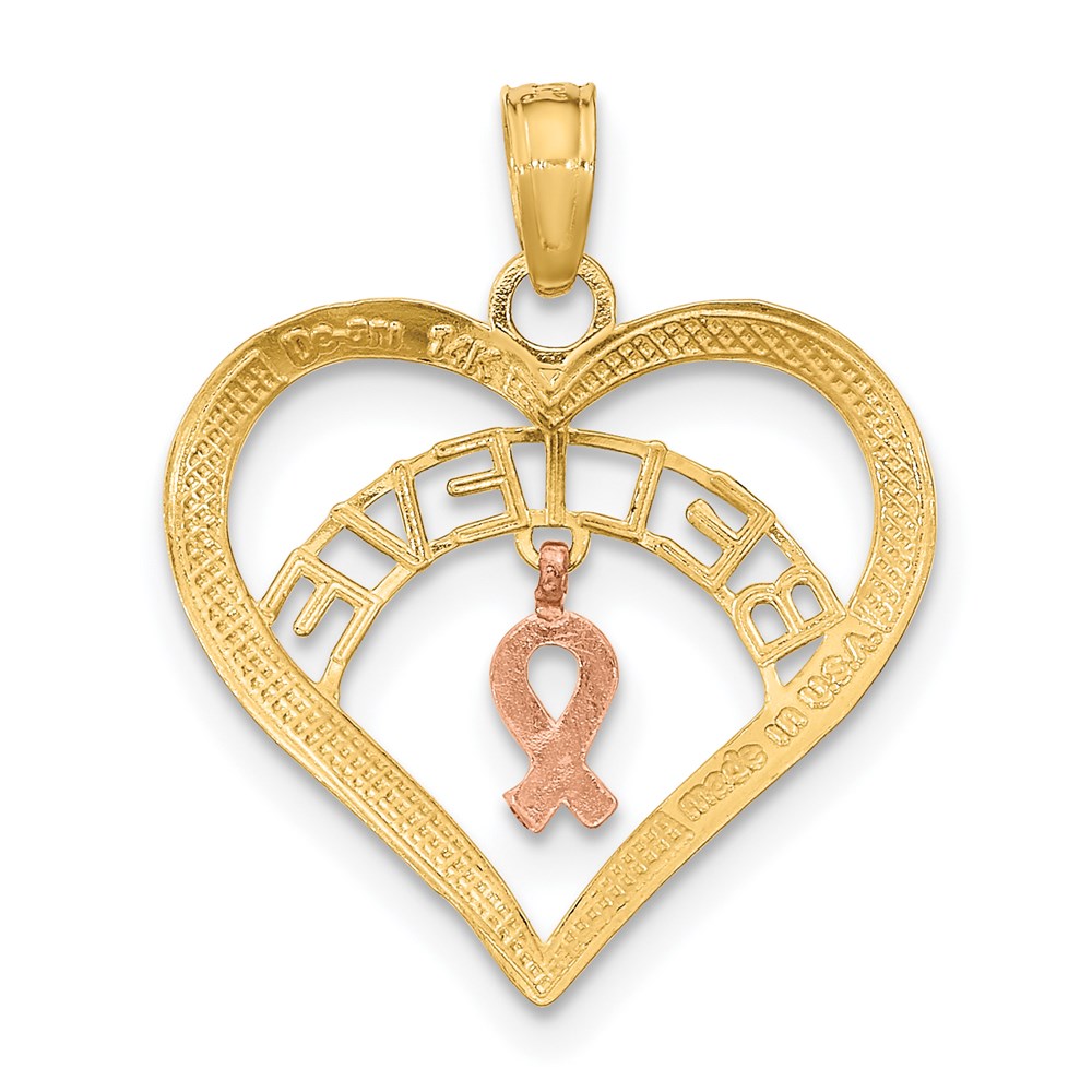 14K Two-Tone White Rhodium Believe In Heart W/ Breast Cancer Ribbon