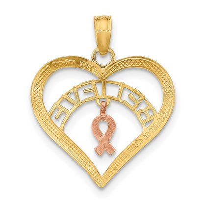 14K Two-Tone White Rhodium Believe In Heart W/ Breast Cancer Ribbon