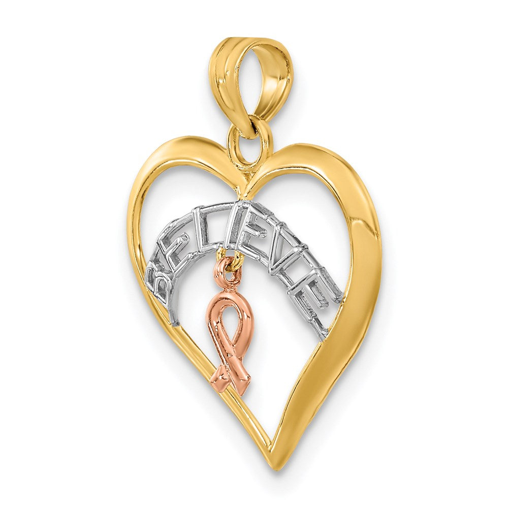 14K Two-Tone White Rhodium Believe In Heart W/ Breast Cancer Ribbon