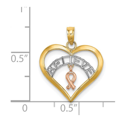 14K Two-Tone White Rhodium Believe In Heart W/ Breast Cancer Ribbon