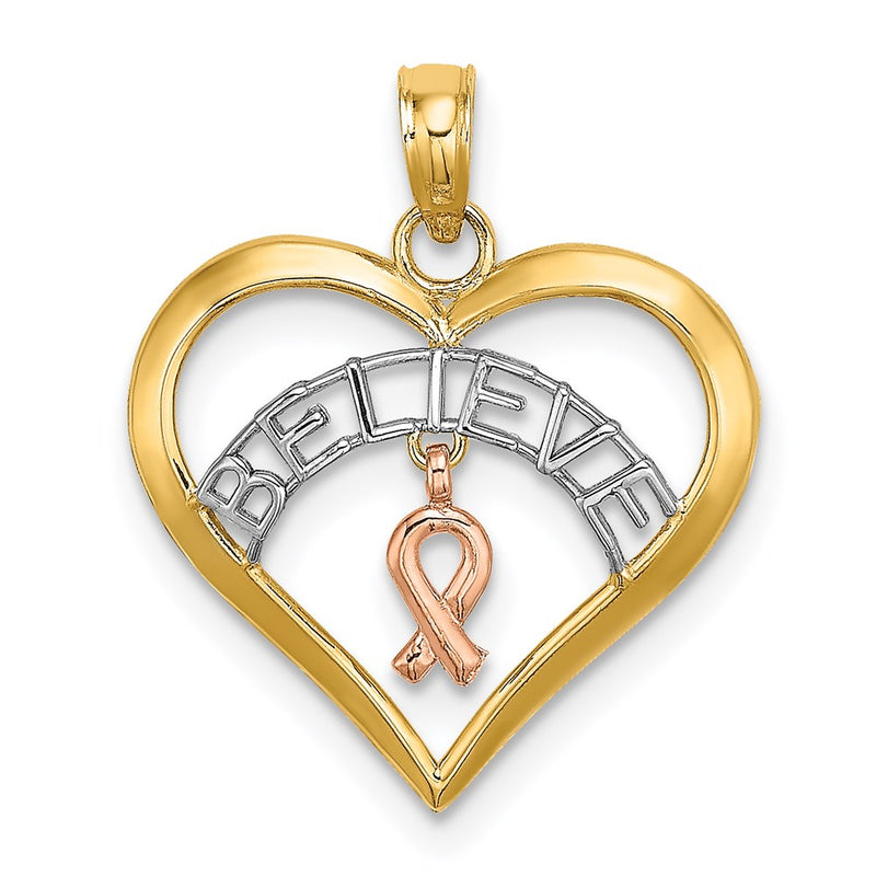 14K Two-Tone White Rhodium Believe In Heart W/ Breast Cancer Ribbon