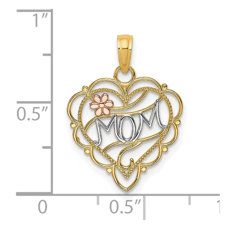 14K Two-Tone W/White Rhodium Mom Heart W/Flower Charm