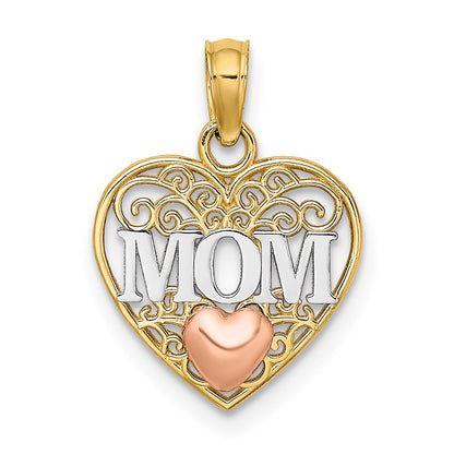 14K Two-Tone W/White Rhodium Polished Mom In Heart Pendant
