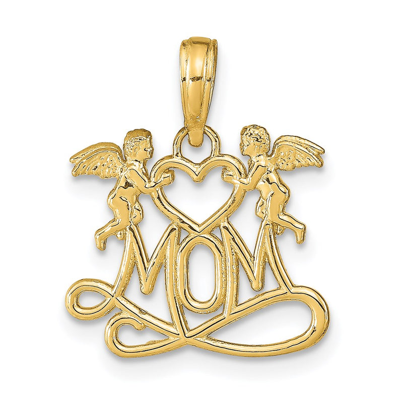 14K Yellow Gold Polished Mom W/Heart And Angels Pendant