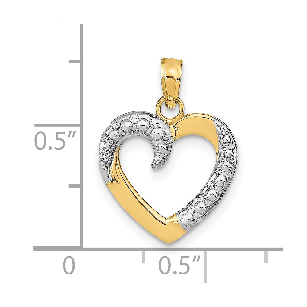 14K Yellow & Rhodium And White Polished Textured Heart Pendant