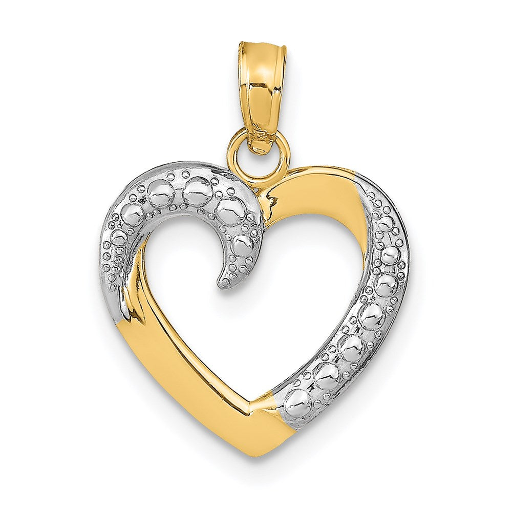 14K Yellow & Rhodium And White Polished Textured Heart Pendant