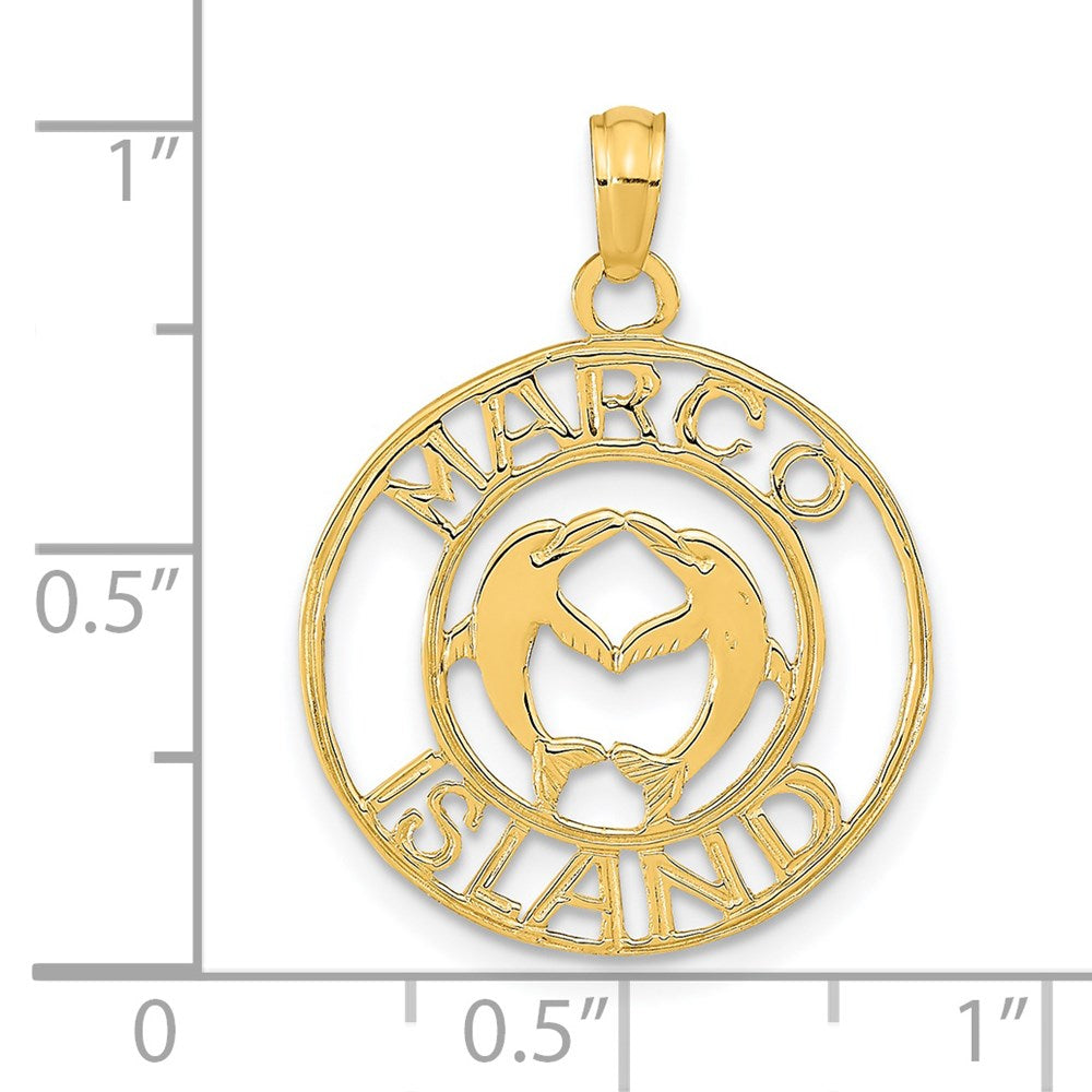 14K Yellow Gold Marco Island With Dolphins Circle Pendant