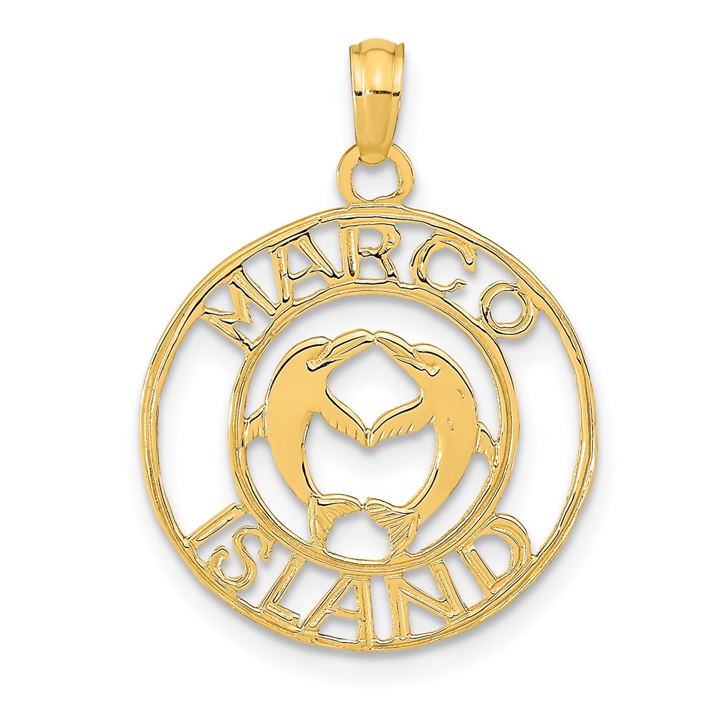 14K Yellow Gold Marco Island With Dolphins Circle Pendant