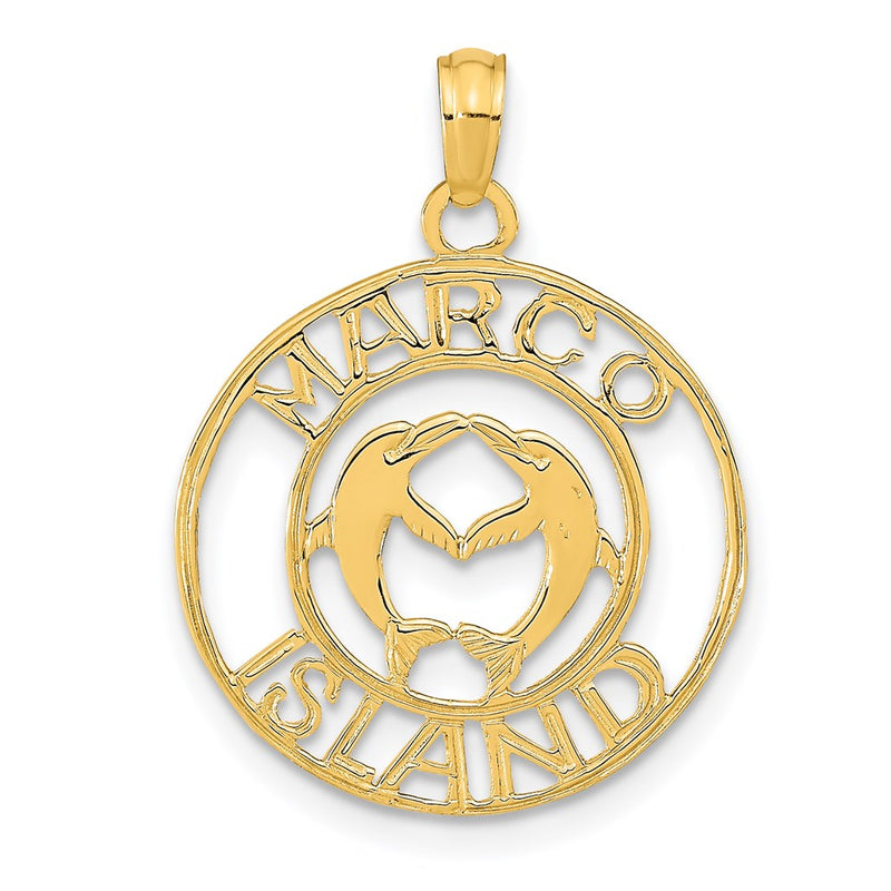 14K Yellow Gold Marco Island With Dolphins Circle Pendant