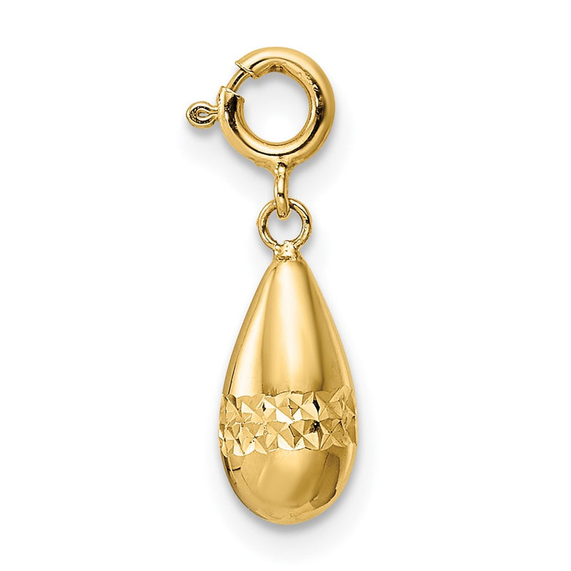 14K Yellow Gold Polished Diamond-Cut Teardrop W/ Spring Ring Clasp Charm
