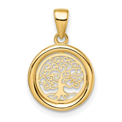 14K Yellow Gold Polished Tree Of Life Circle Pendant