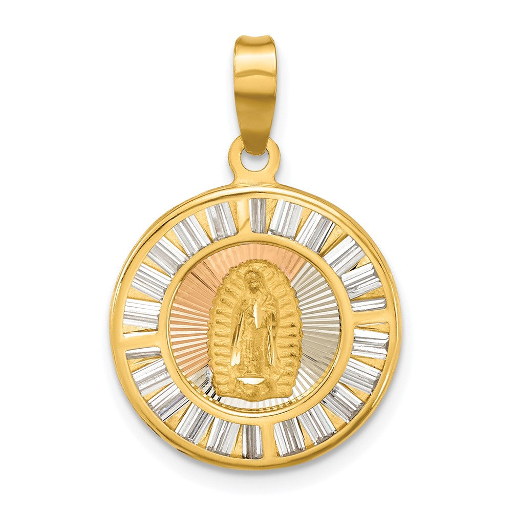 14K Yellow & Rhodium Rose And White-Plated Polished Cz Baguettes Mary Round Pendant