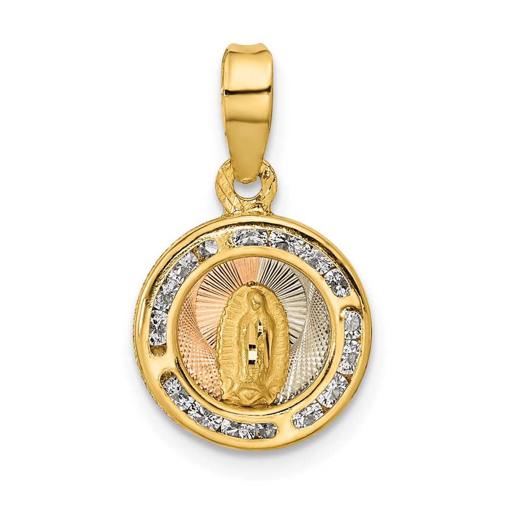 14K Yellow & Rhodium Rose And White Polished Cz Mary Round Pendant