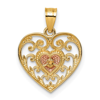 14K Two-Tone Polished and Textured Fancy Heart in Heart Pendant