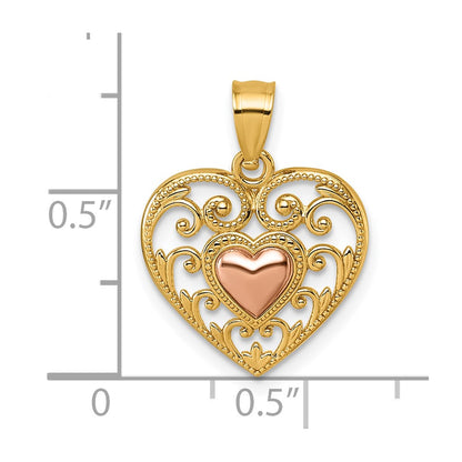 14K Two-Tone Polished and Textured Fancy Heart in Heart Pendant