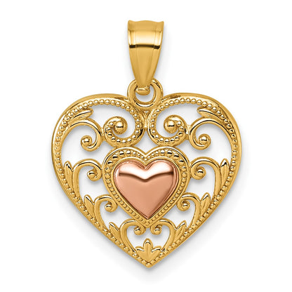 14K Two-Tone Polished and Textured Fancy Heart in Heart Pendant