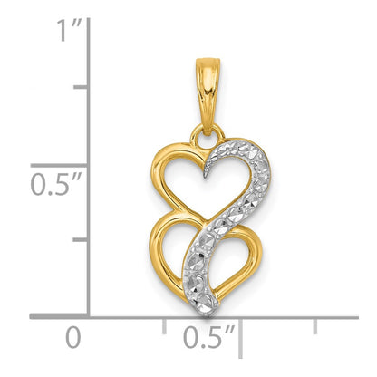14K Yellow & Rhodium with White Rhodium Polished and Brushed Heart Above Heart Charm