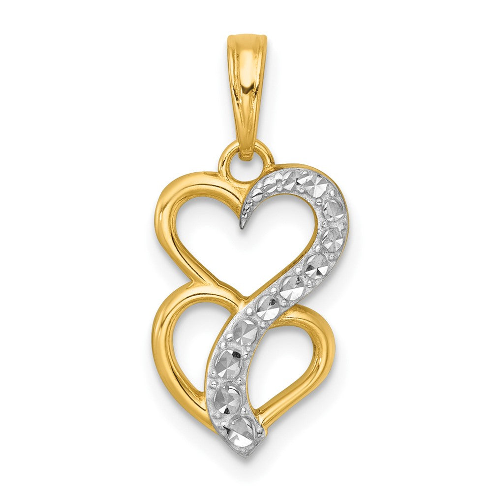 14K Yellow & Rhodium with White Rhodium Polished and Brushed Heart Above Heart Charm