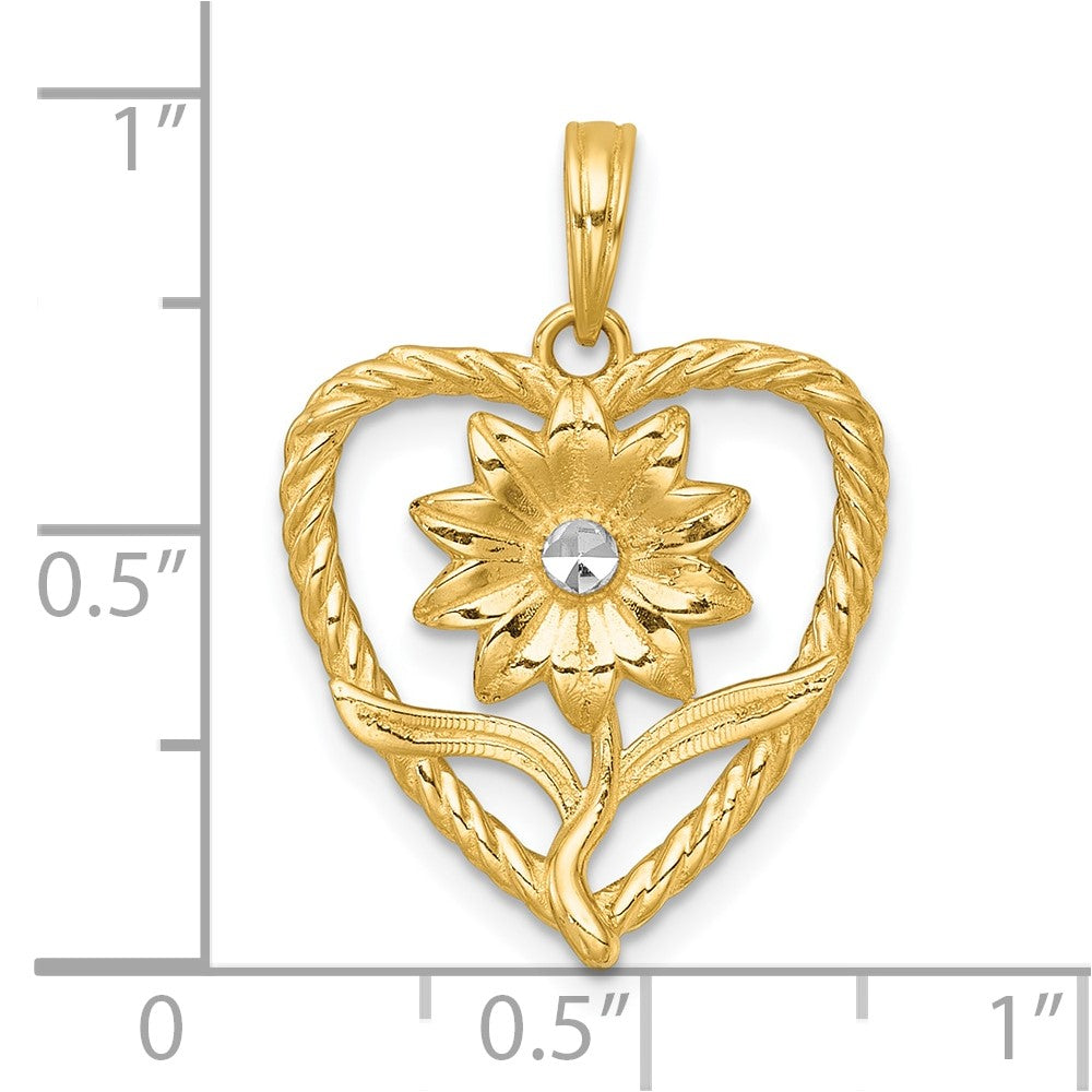 14K Yellow & Rhodium with White Rhodium Polished Flower in Heart Charm