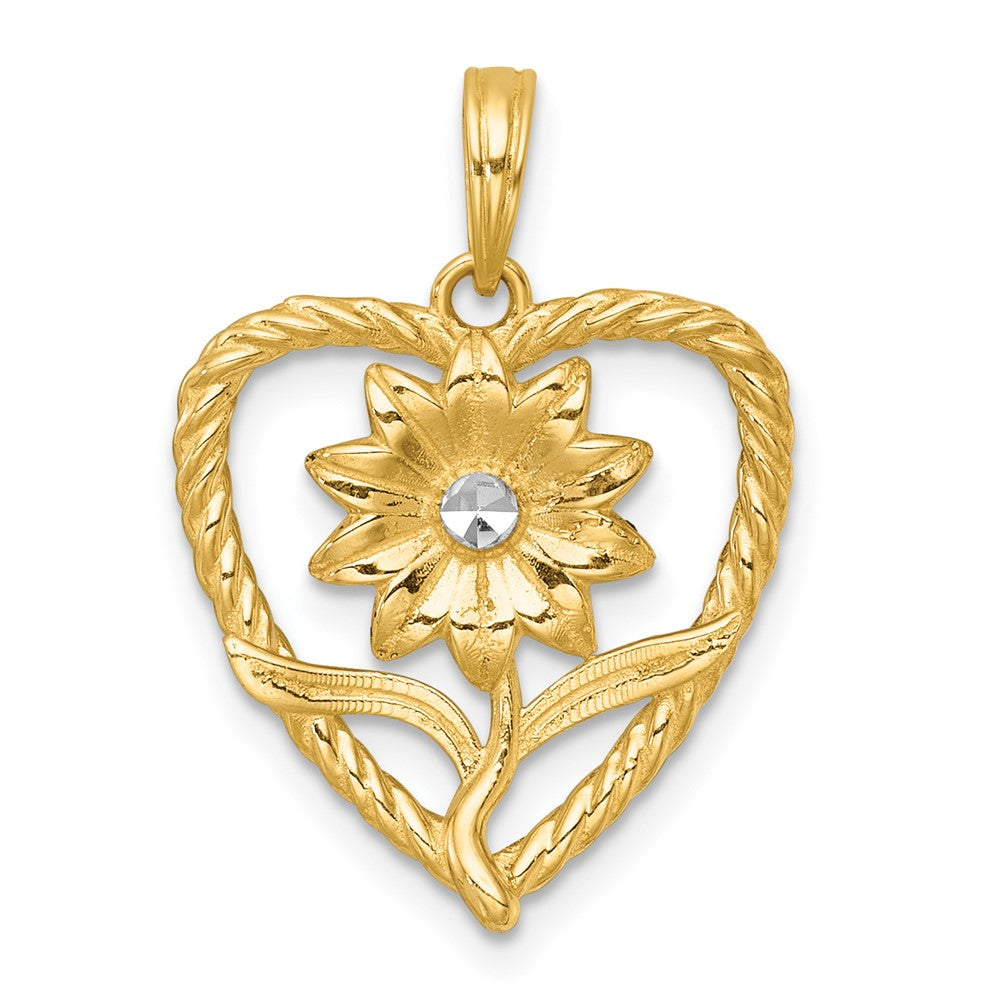 14K Yellow & Rhodium with White Rhodium Polished Flower in Heart Charm