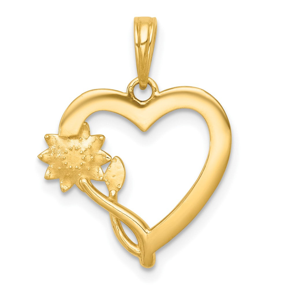 14K Yellow & Rhodium with White Rhodium Polished Flower on Heart Charm