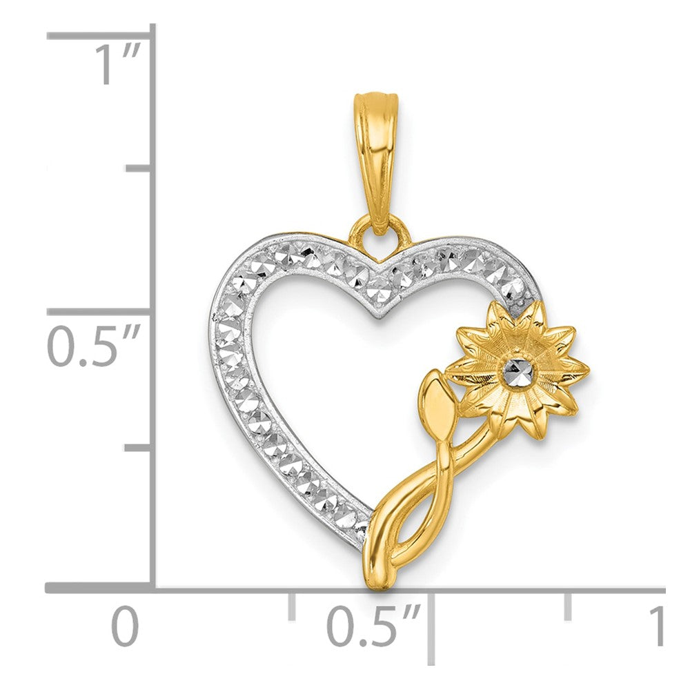14K Yellow & Rhodium with White Rhodium Polished Flower on Heart Charm