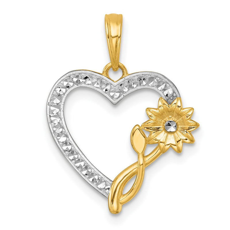 14K Yellow & Rhodium with White Rhodium Polished Flower on Heart Charm