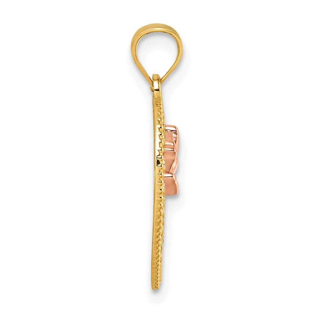 14K Two-Tone Diamond Cut Polished Rose in Heart Pendant