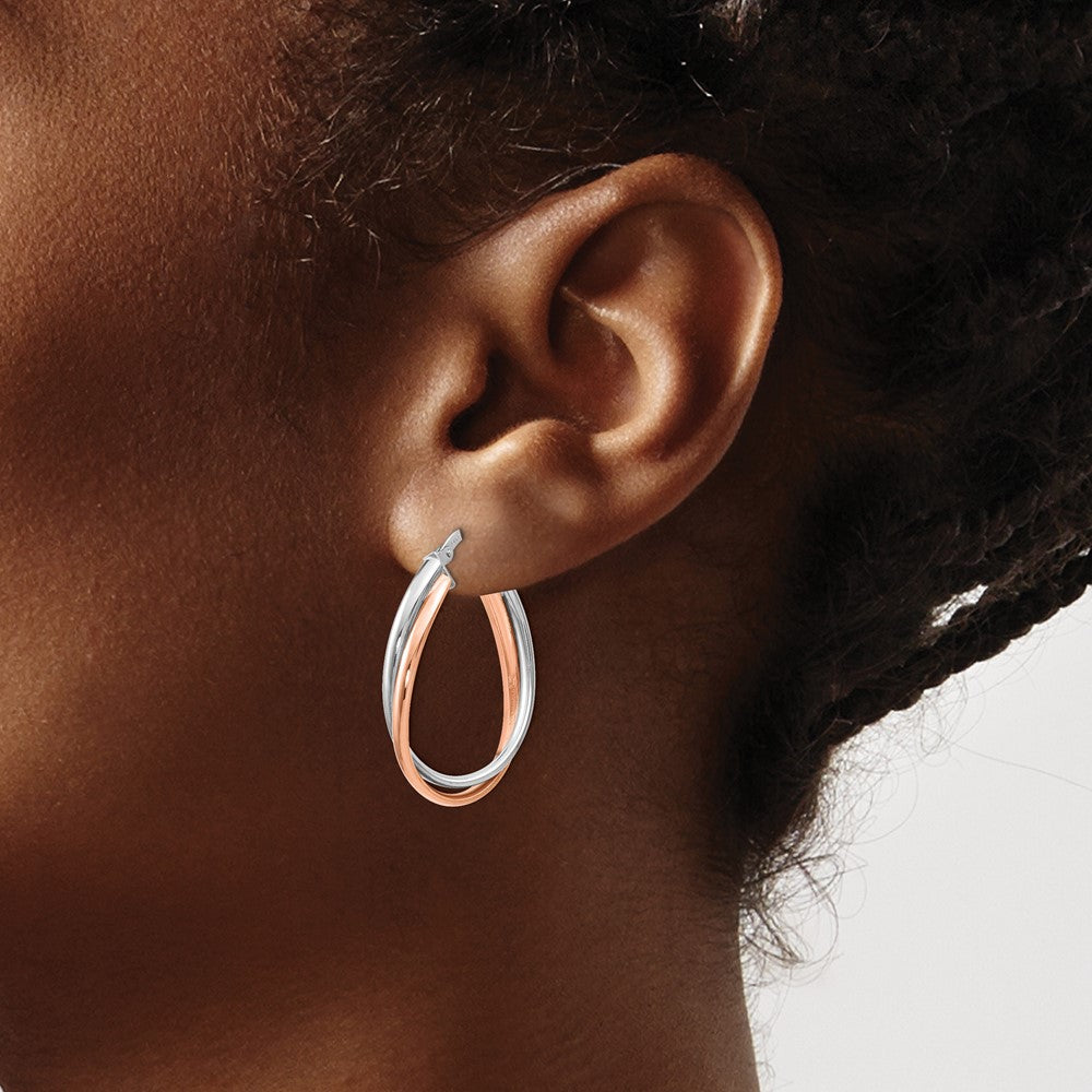 14K Two-Tone Rose And White Gold Polished Fancy Hoop Earrings